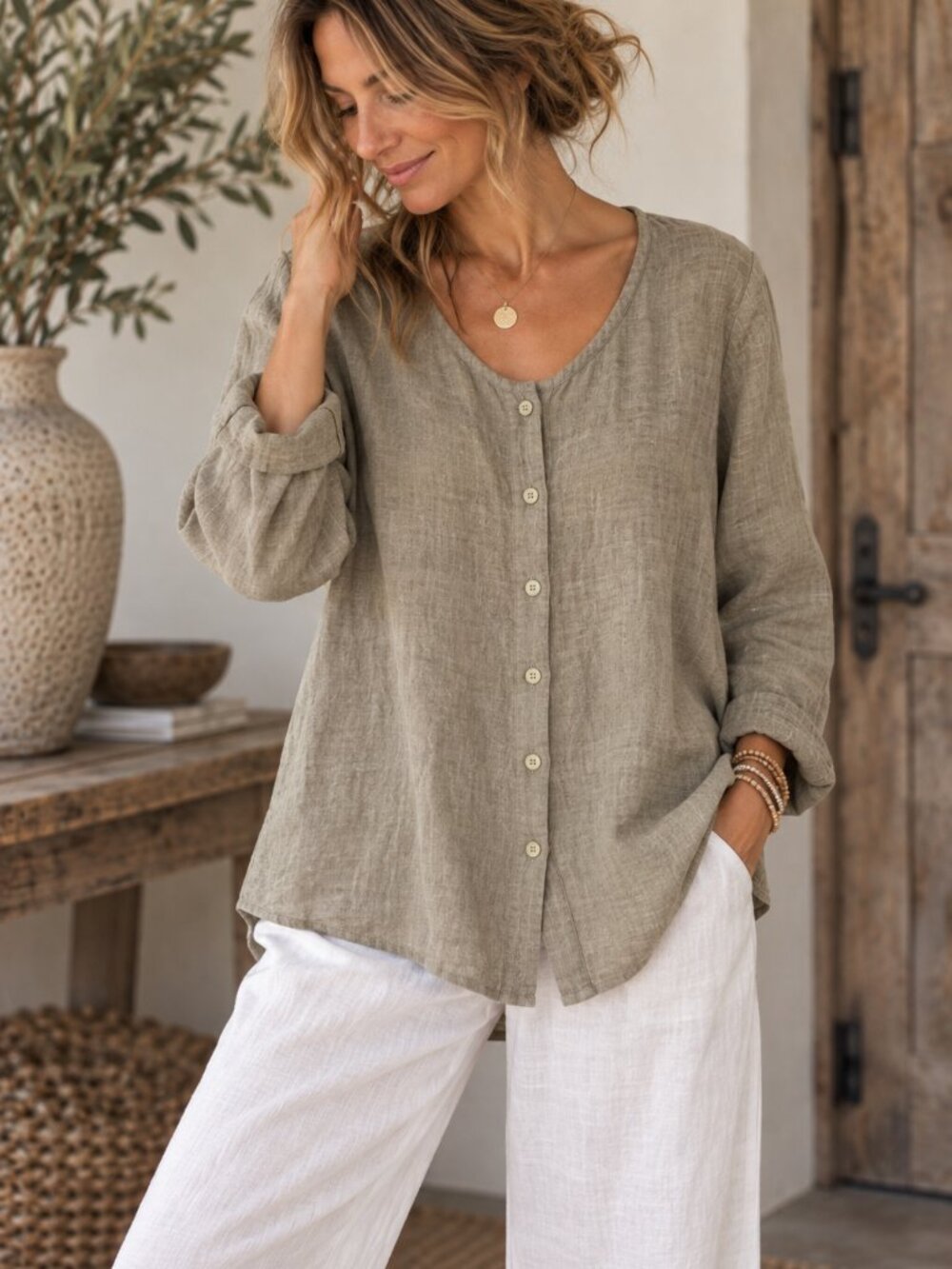 FLAX 100% Linen Button Front Shirt Blouse Natural Beige Size Large